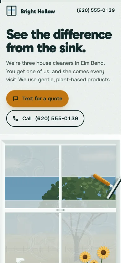 Phone view of Bright Hollow Cleaning, a sample site for a made-up house cleaning business