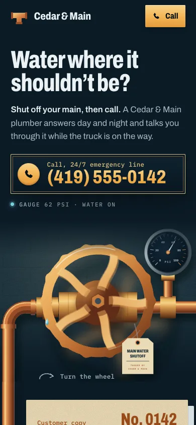 Phone view of Cedar & Main Plumbing Co., a sample site for a made-up plumbing business