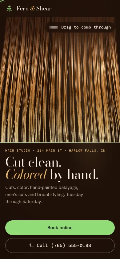 Phone view of Fern & Shear, a sample site for a made-up hair studio business
