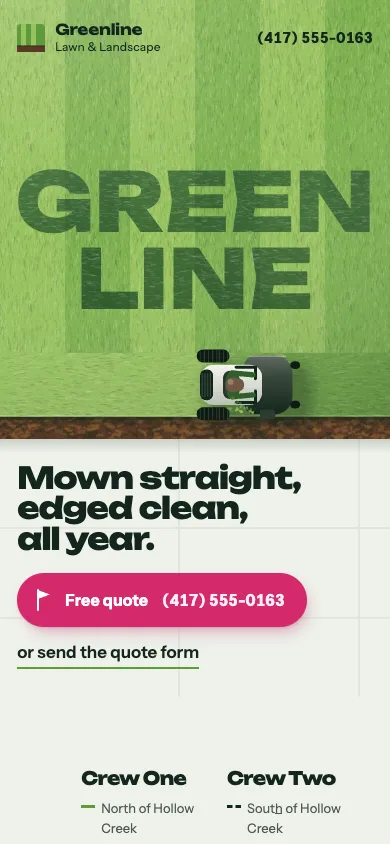 Phone view of Greenline Lawn & Landscape, a sample site for a made-up lawn & landscaping business