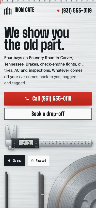 Phone view of Iron Gate Auto Repair, a sample site for a made-up auto repair business