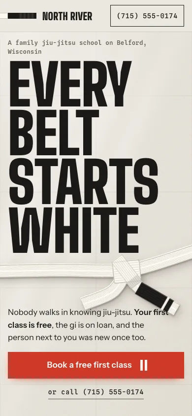 Phone view of North River Jiu-Jitsu, a sample site for a made-up martial arts business