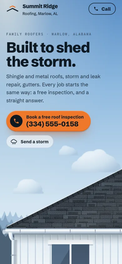 Phone view of Summit Ridge Roofing, a sample site for a made-up roofing business